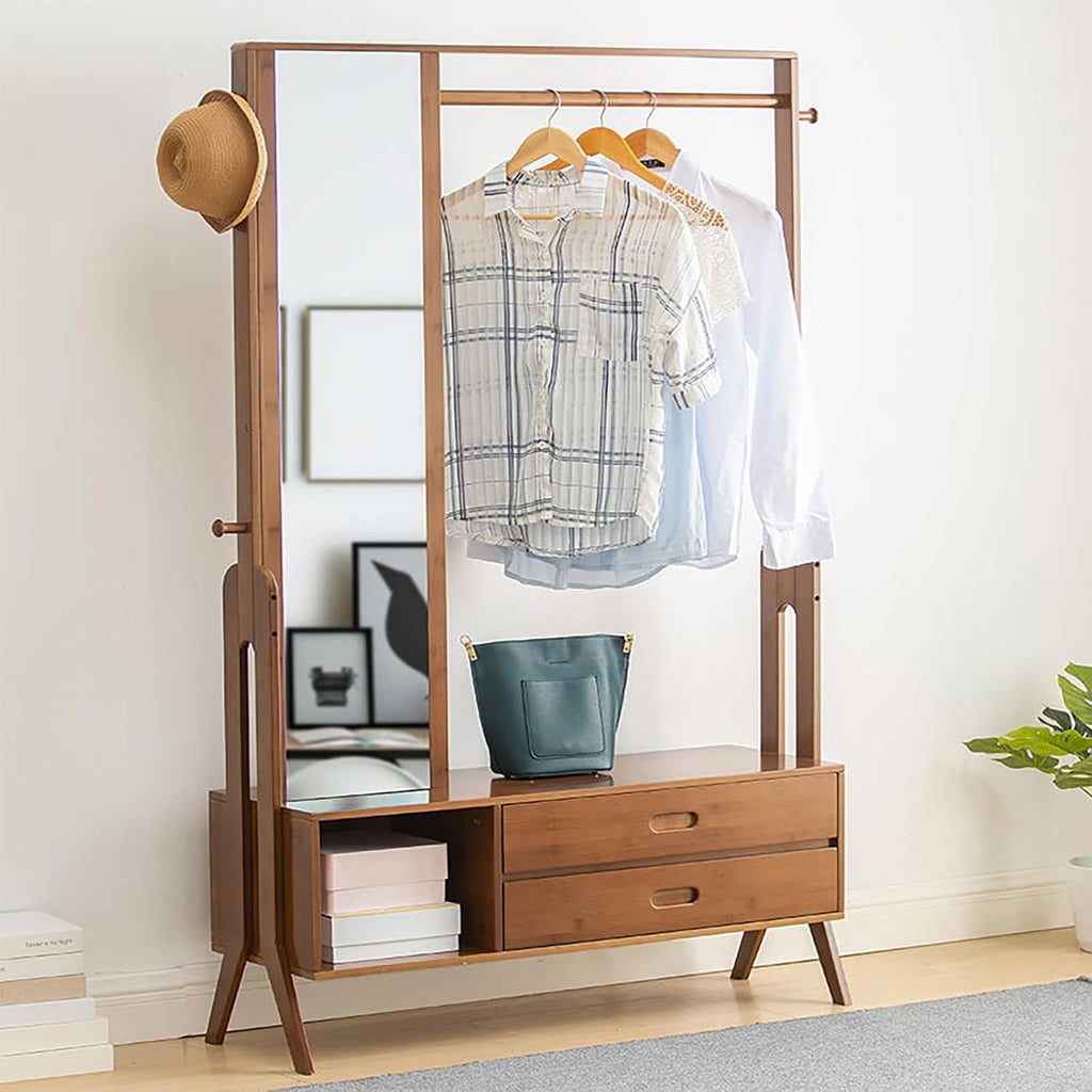 Bamboo Garment Rack with Mirror, Freestanding Wooden Closet Organizers with 2 Storage Drawers&Hooks, Vintage Coat Rack, Open Wardrobe for Entryway Bedroom Living Room