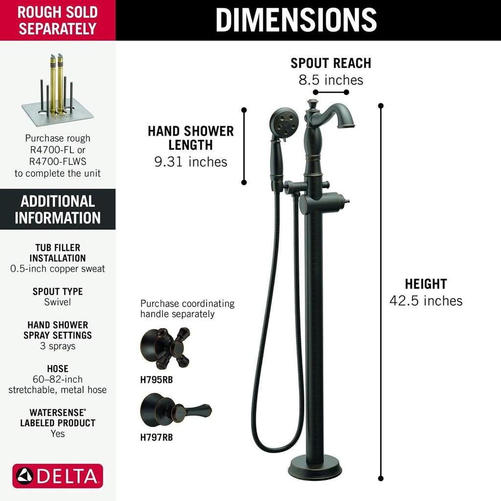 Delta Freestanding Tub Faucet with Hand Held Shower, Oil Rubbed Bronze Floor Mount Tub Filler, Venetian Bronze T4797-RBFL-LHP (Valve and Handle Not Included)