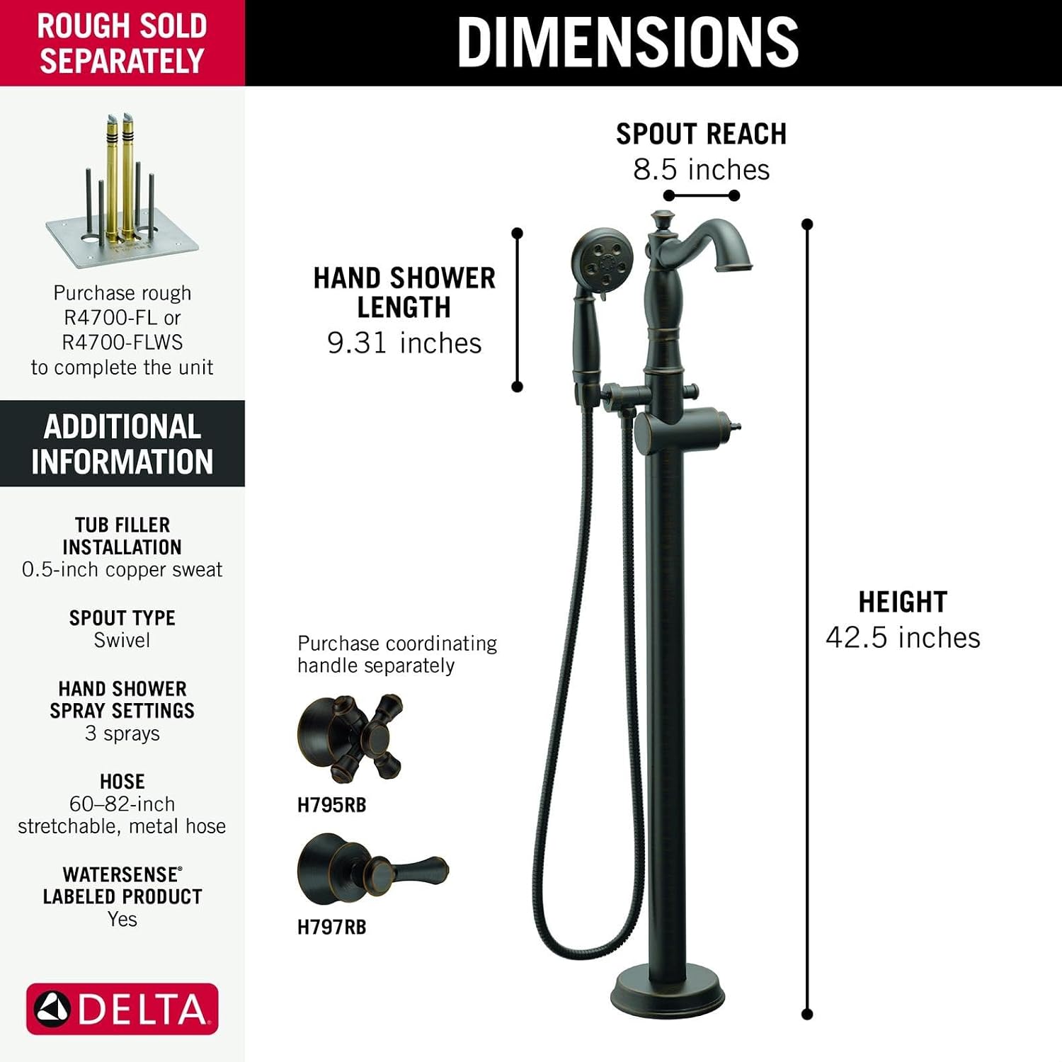 Delta Freestanding Tub Faucet with Hand Held Shower, Oil Rubbed Bronze Floor Mount Tub Filler, Venetian Bronze T4797-RBFL-LHP (Valve and Handle Not Included)