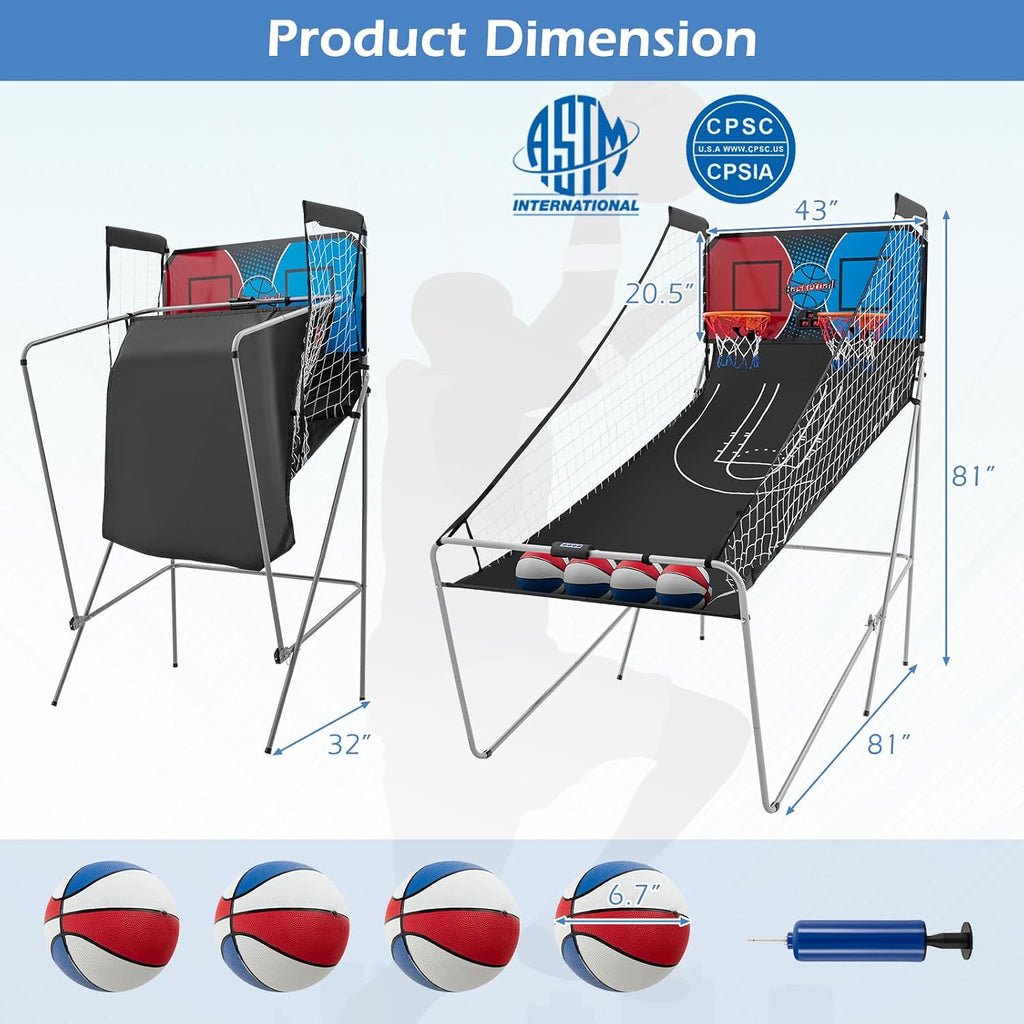 Goplus Foldable Dual Shot Basketball Arcade Game, Electronic Basketball Hoop w/LCD Scoreboard, 8 Game Modes, 4 Balls, Indoor Outdoor Basketball Game Machine for Adults (Red+Navy)
