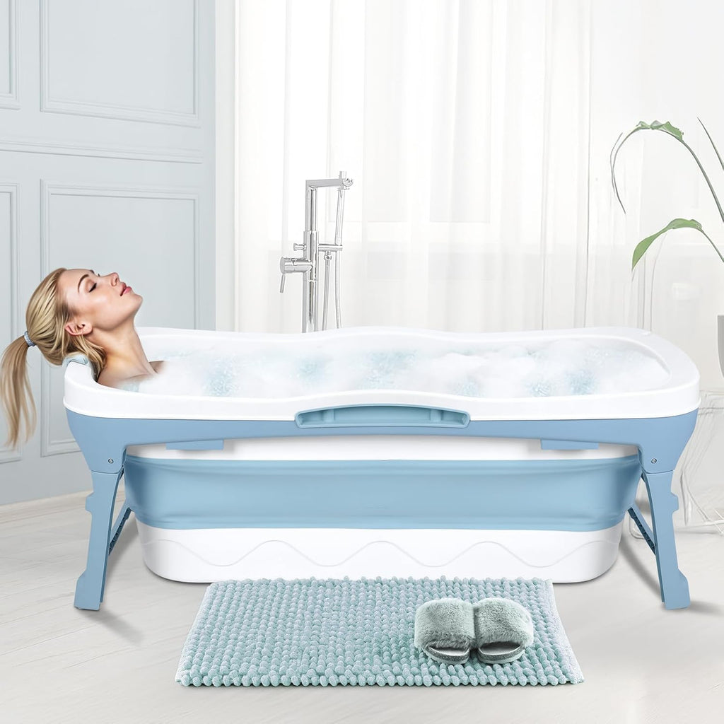 Portable Bathtub Portable Tub for Adults, 56' Foldable Bathtub for Adults Free Standing Tub for Shower, Ice Bath, Sitz Bath, Freestanding Bathtubs with Neck Pillow Blue