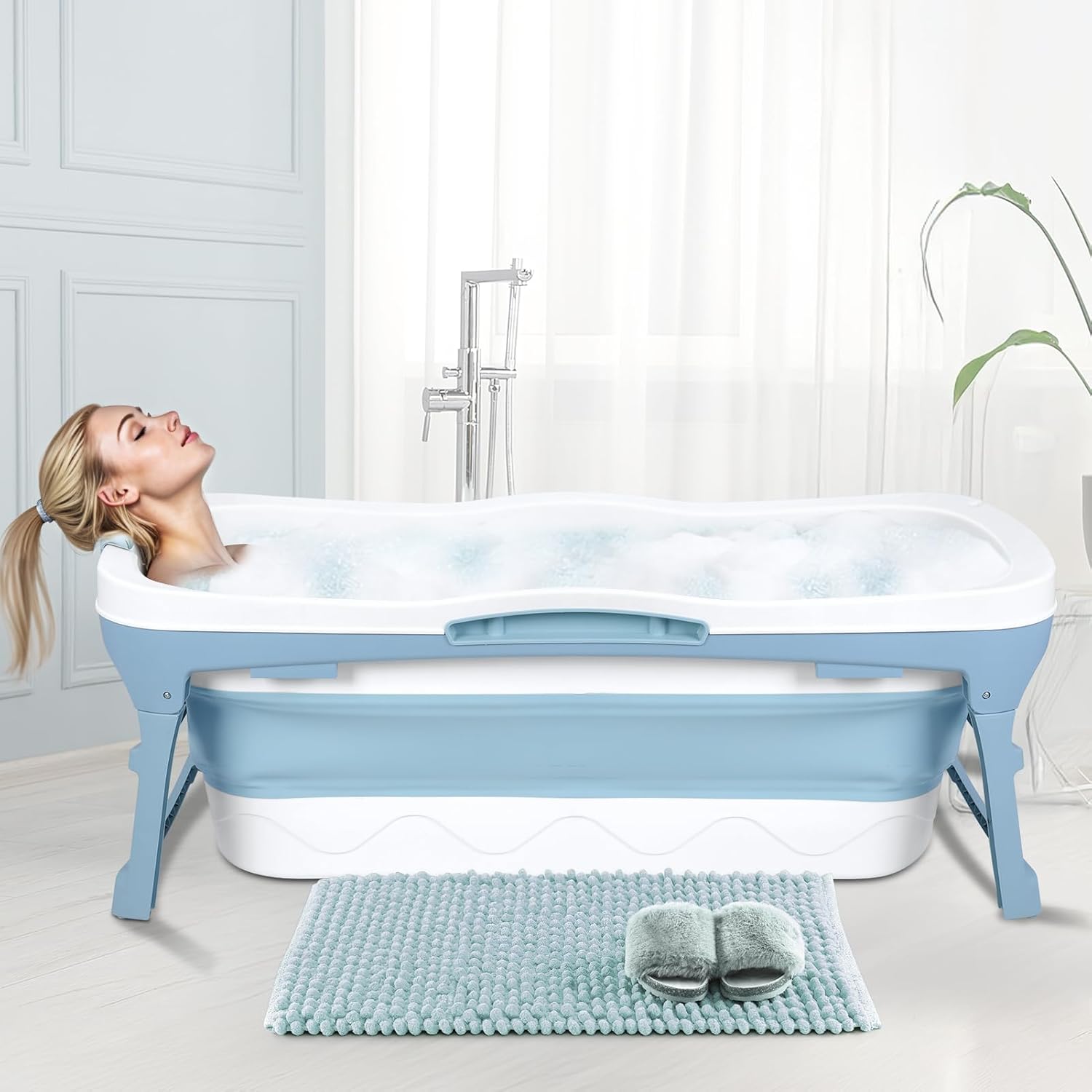 Portable Bathtub Portable Tub for Adults, 56' Foldable Bathtub for Adults Free Standing Tub for Shower, Ice Bath, Sitz Bath, Freestanding Bathtubs with Neck Pillow Blue