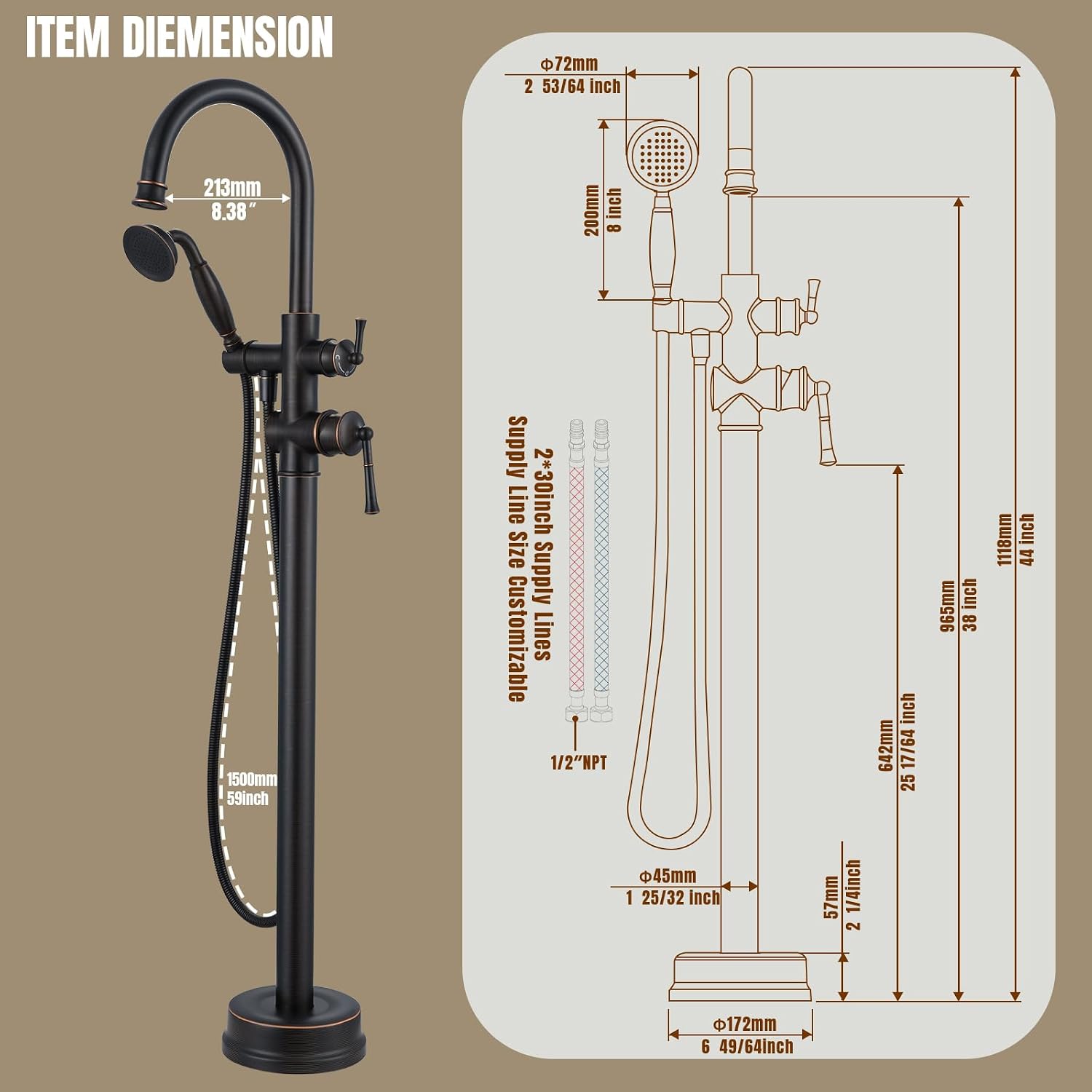 Free Standing Tub Faucet, Antique, Oil Rubbed Bronze (B2311-ORB) | H59-1 Premium Solid Brass, High Flow 6.6 GPM, Elegant & Vintage Styling
