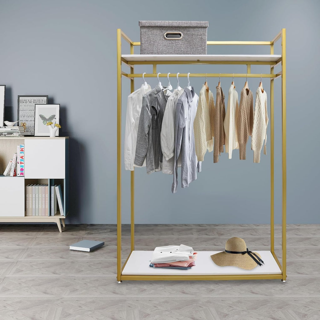 Gold Clothes Rack, Metal Freestanding Garment Rack Clothes Display Storage Stand Wardrobe Closet for Hanging Clothes Heavy Duty Garment Rack for Bedroom Closet Clothes Or Retail