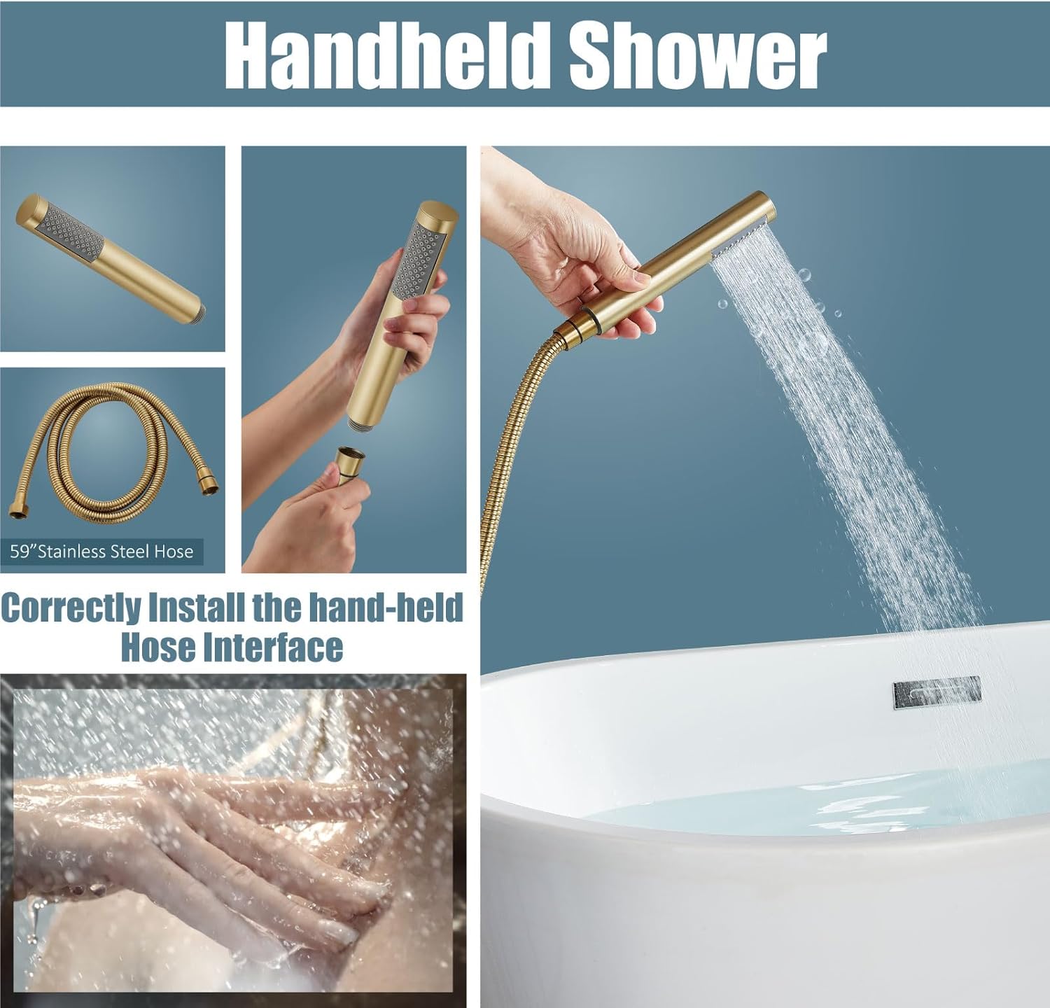 Aolemi Floor Mount Bathtub Faucet Freestanding Tub Filler Standing High Flow Shower Faucets Shower Mixer Taps, Swivel Gooseneck Spout with Cylinder Handheld Brushed Gold