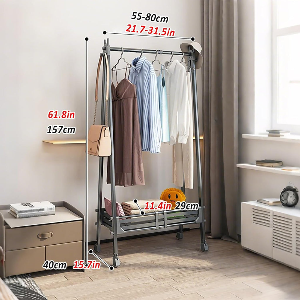Foldable Garment Rack, Heavy Duty Clothes Rack With Wheels, Metal Collapsible Rolling Portable Wardrobe Racks, Adjustable Width (21.7-47.2'')(80cm/31.5in)