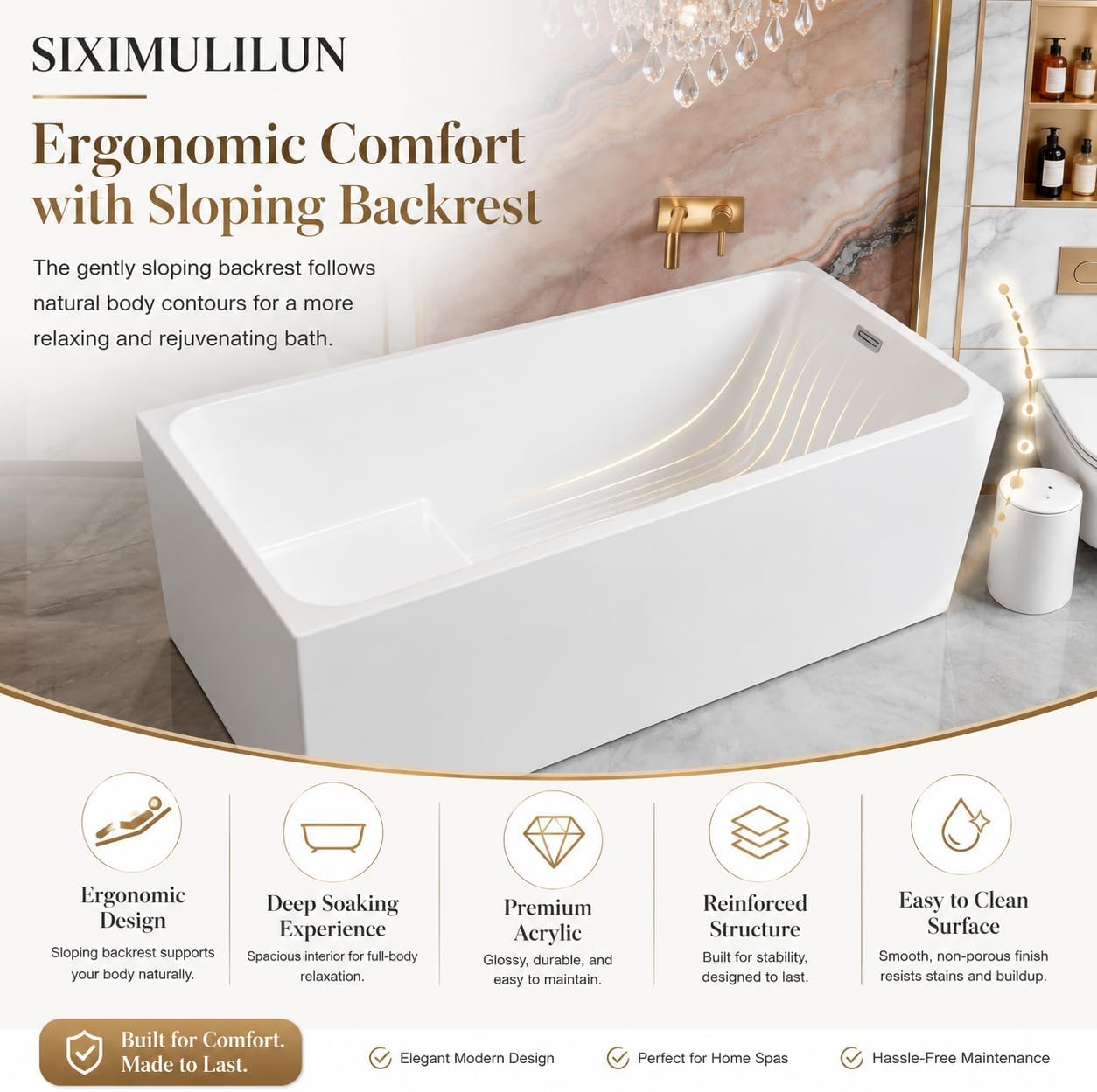 43' Acrylic Freestanding Bathtub with Seat,Deep Bathtub,Rectangle Soaking Tub with Chrome Overflow & Pop-Up Drain, CUPC Certified for Small Bathrooms