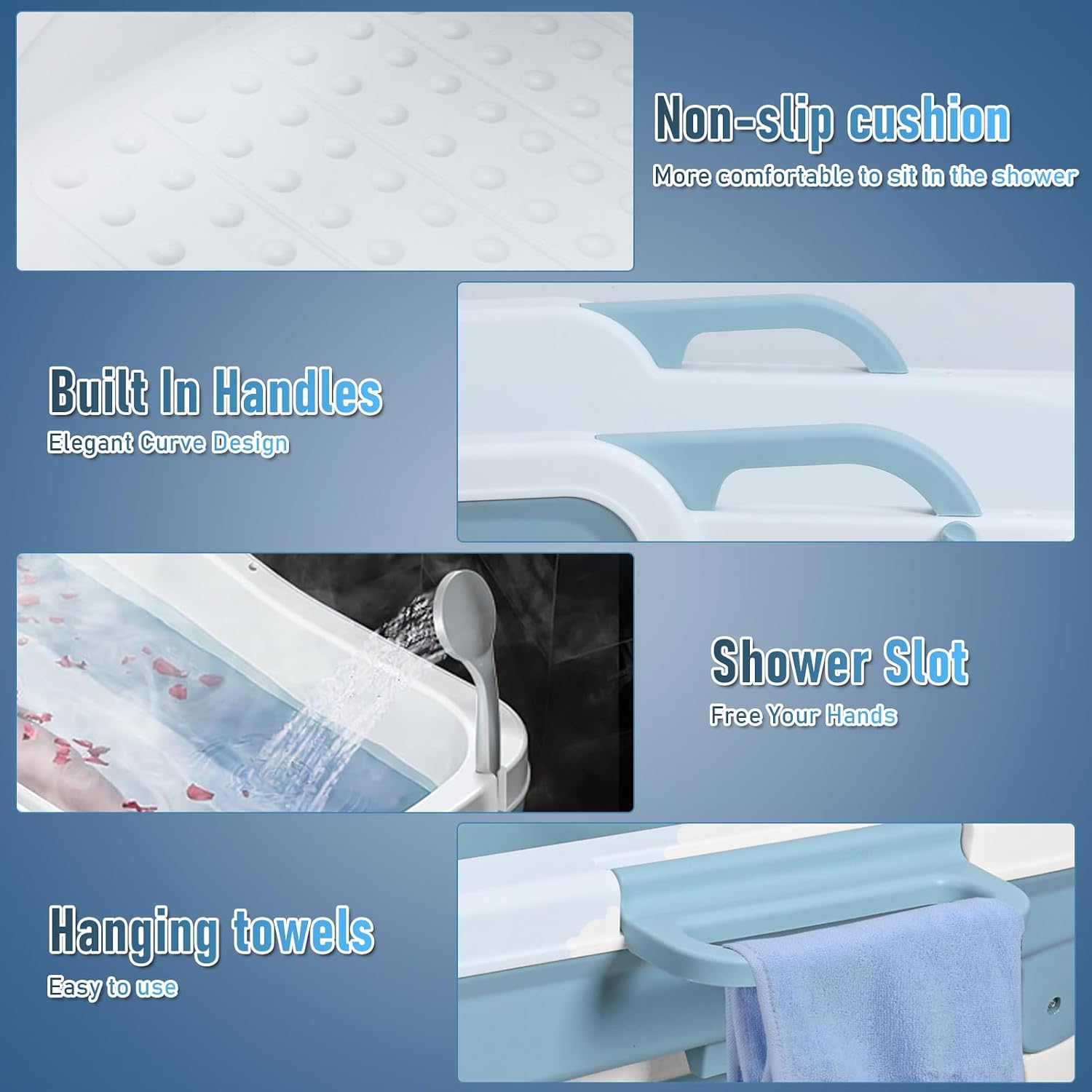 Portable Bathtub, 58/56/50/46 Inch Collapsible Bathtub, Freestanding Foldable for Adults, Folding Tub for Shower, Hot Bath, Ice Bath (Blue-D-130cm)