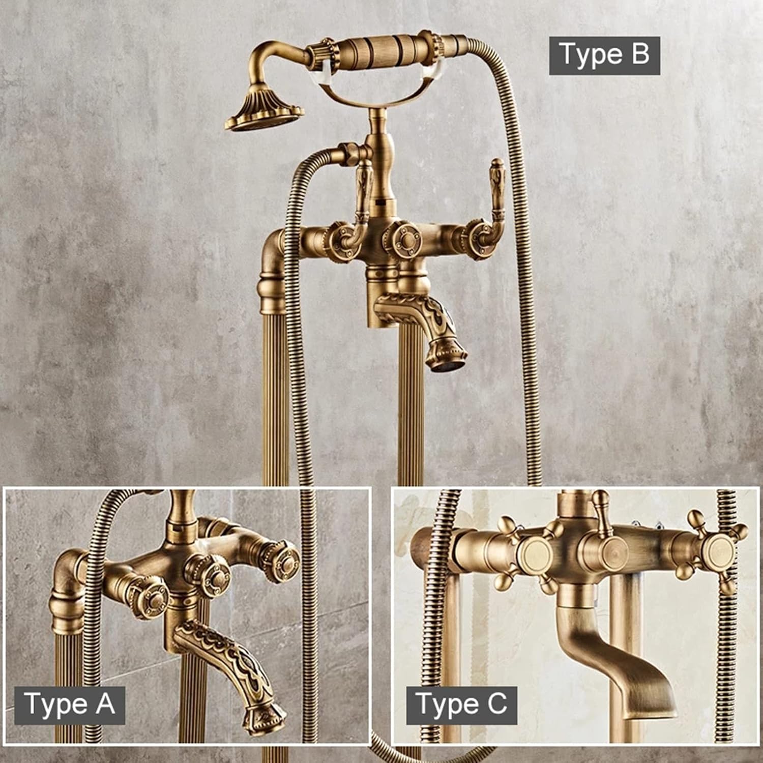 Floor Standing Bath Faucet, Brass Antique Freestanding Bath Filler with Single Handle Handheld Shower Faucet and High Flow Rotary Spout Mixer Faucet(Brass B)
