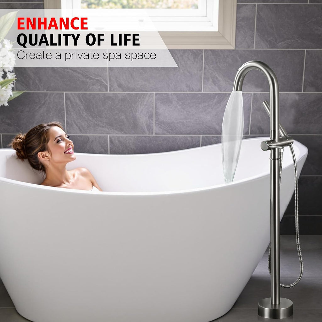 sumerain Bathroom Freestanding Bathtub Faucet Brushed Nickel, Modern Floor Mount Tub Faucet, High Flow with Hand Shower