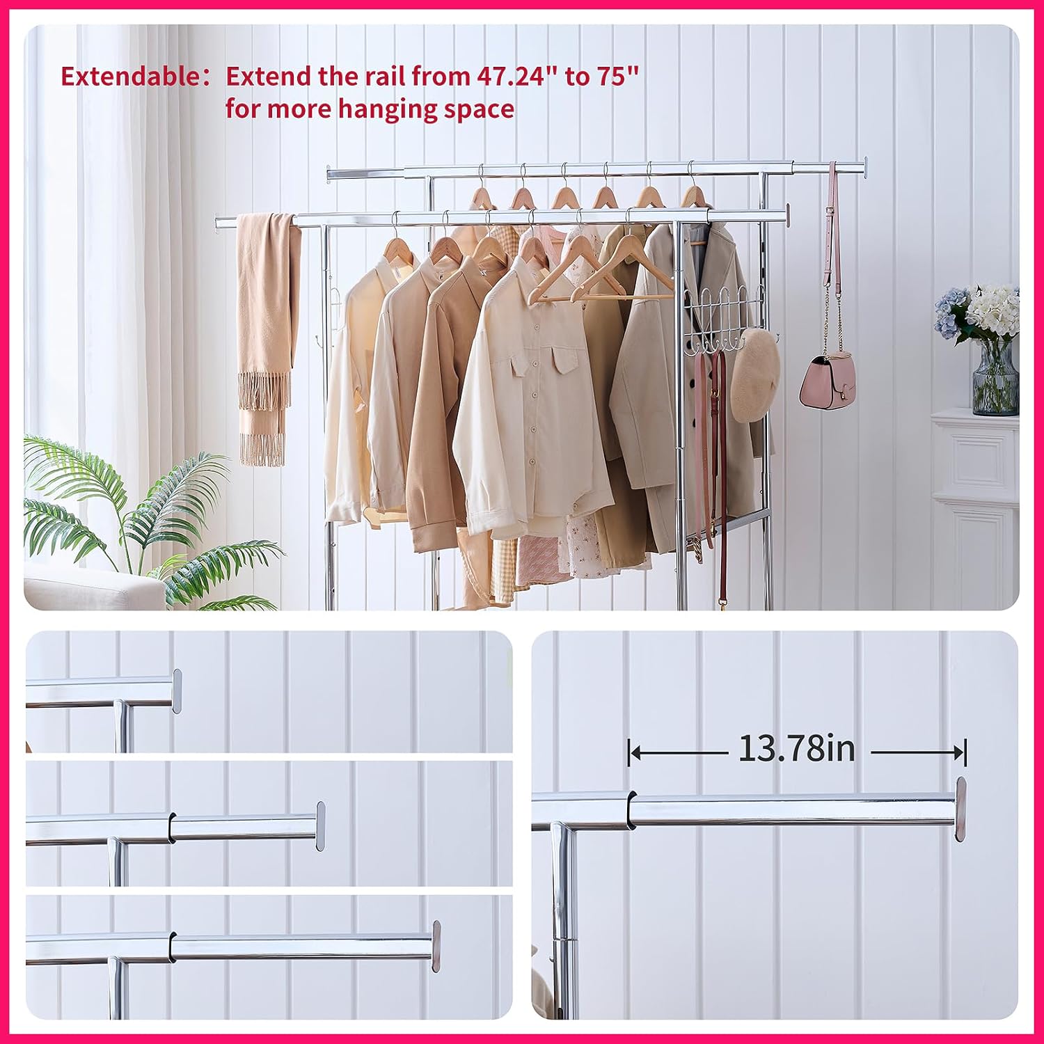Double Coat Rack with Shelves Clothing Racks with 4 Rolling Wheels Heavy Duty Portable Collapsible Commercial Garment Rack for Hallway Bedroom Office, Capacity 800lbs, Silver