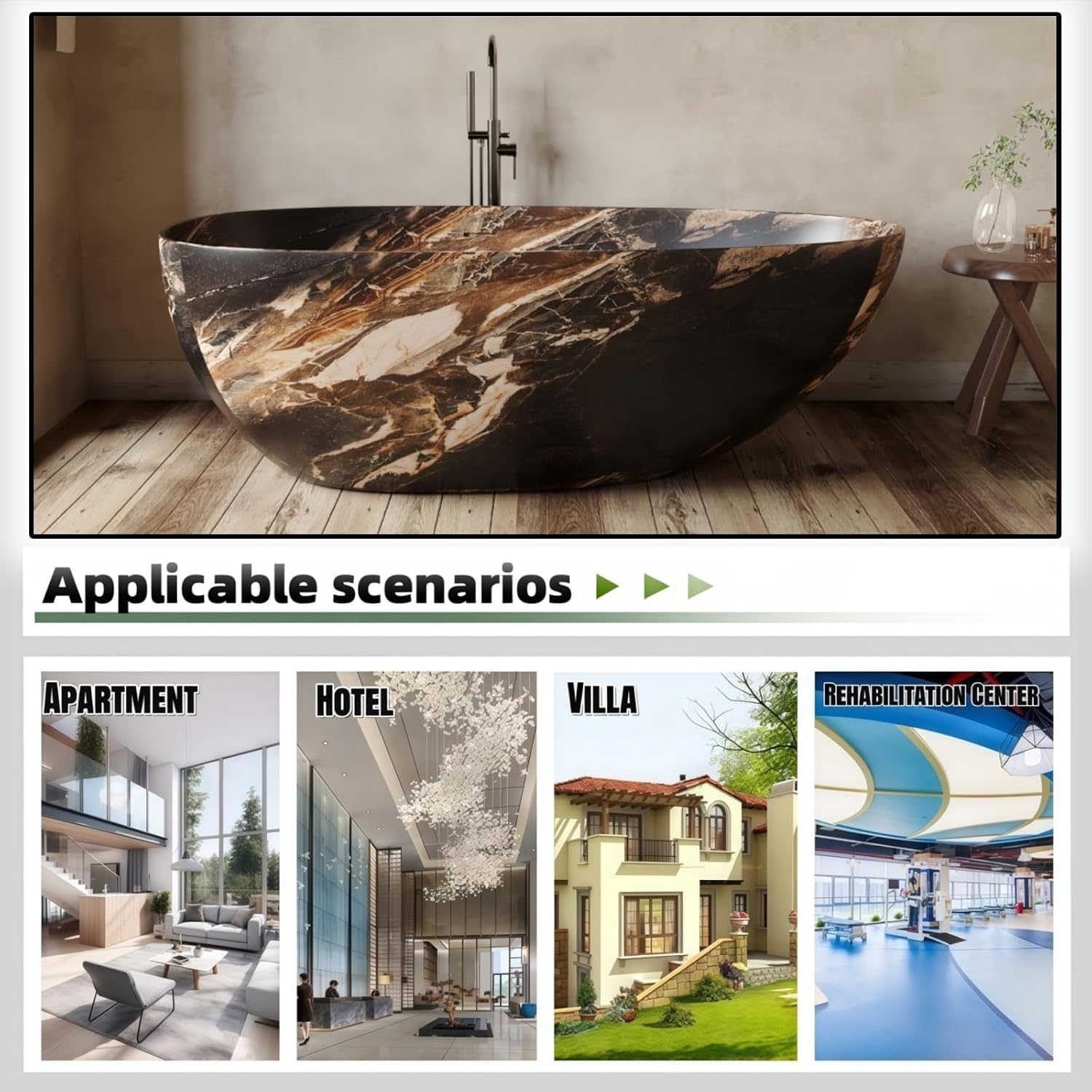 60' Edeyeu Freestanding Bathtub - Deep Soaking Tub with Engineered Stone Build, Ergonomic Backrest and Heat-Retaining Layers, Modern Solid Surface Bathtub for Luxury Home Spa Rock color C