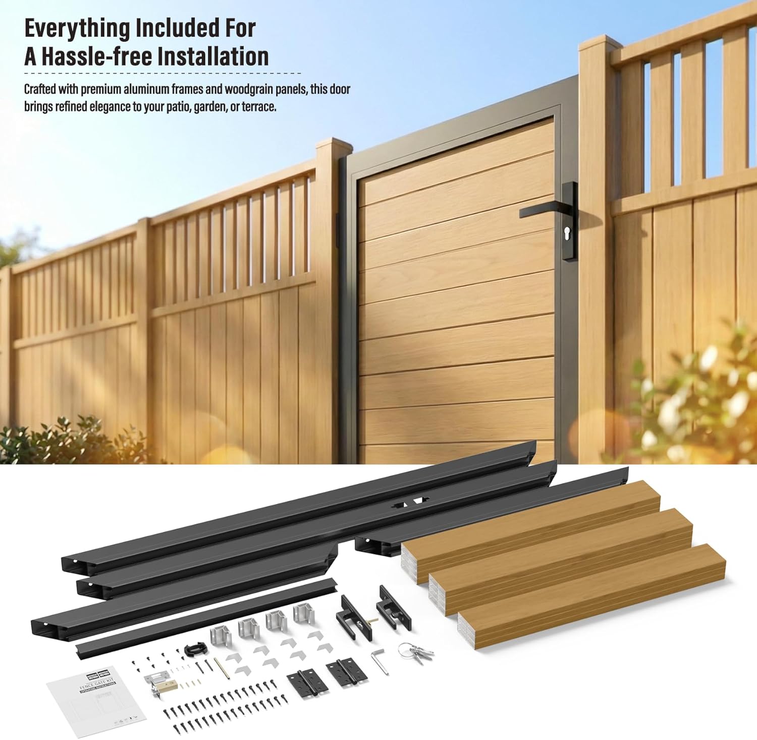3x4 FT Aluminum Fence Gate Kit Wood Grain Aluminum Gate with Decorative Cutout, Lock & Hinges, Left/Right Opening, Weather Resistant for Yard Garden Patio