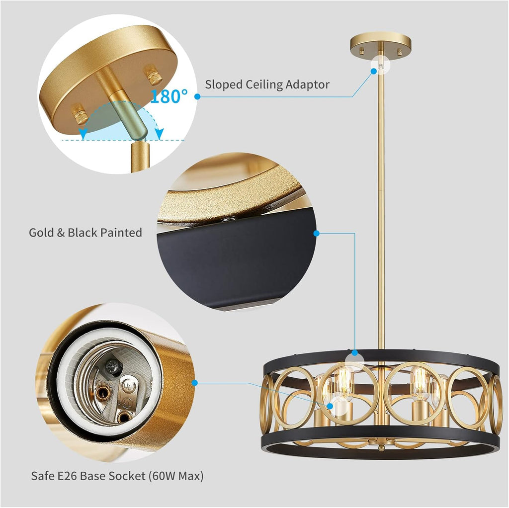 XINGQI 21.7'' Drum Chandelier, 5-Light Rustic Pendant Lighting Modern Farmhouse Chandeliers for Living Room Dining Room Bedroom, Black and Gold Finish Round Metal Ceiling Light Fixture