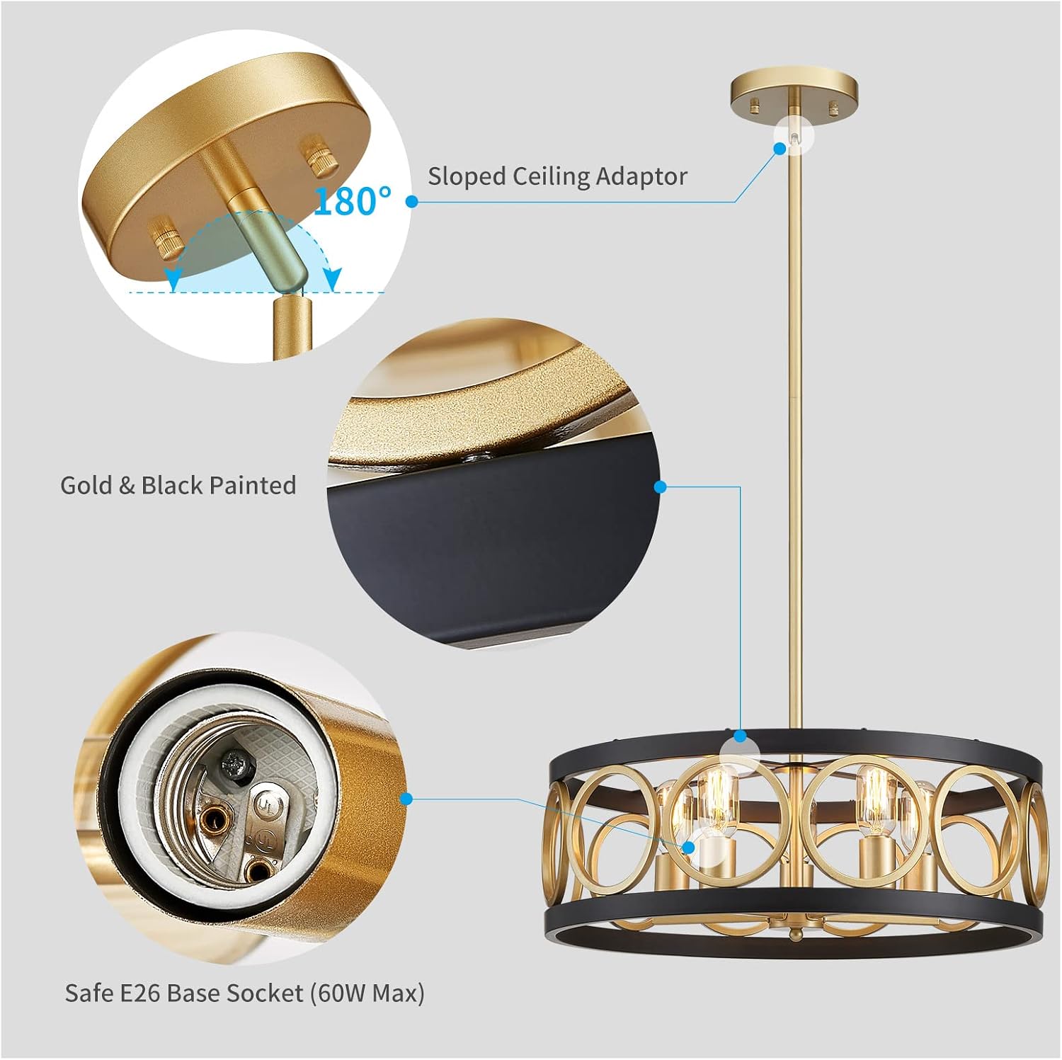 XINGQI 21.7'' Drum Chandelier, 5-Light Rustic Pendant Lighting Modern Farmhouse Chandeliers for Living Room Dining Room Bedroom, Black and Gold Finish Round Metal Ceiling Light Fixture
