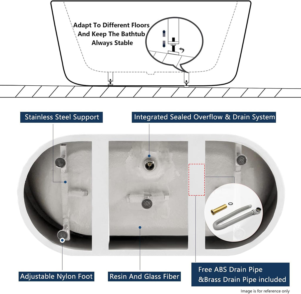 FerdY Acrylic Freestanding Bathtub, Ergonomic Lightweight Classic Oval Soaking Bathtub with Chrome Drain, Classic Slotted Overflow, Modern White 59'