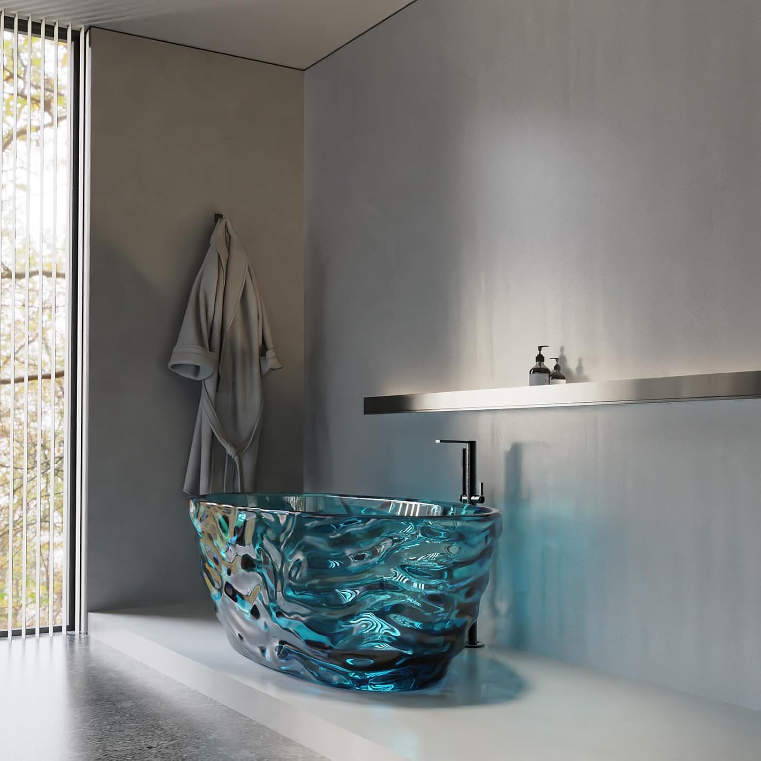 Cpingao 66' Resin Transparent Freestanding Bathtub, Contemporary Oval Stand Alone Tubs, Translucent Resin Freestanding Bath 1670 MM with Drain Lake Blue 8851-1700-BLUE