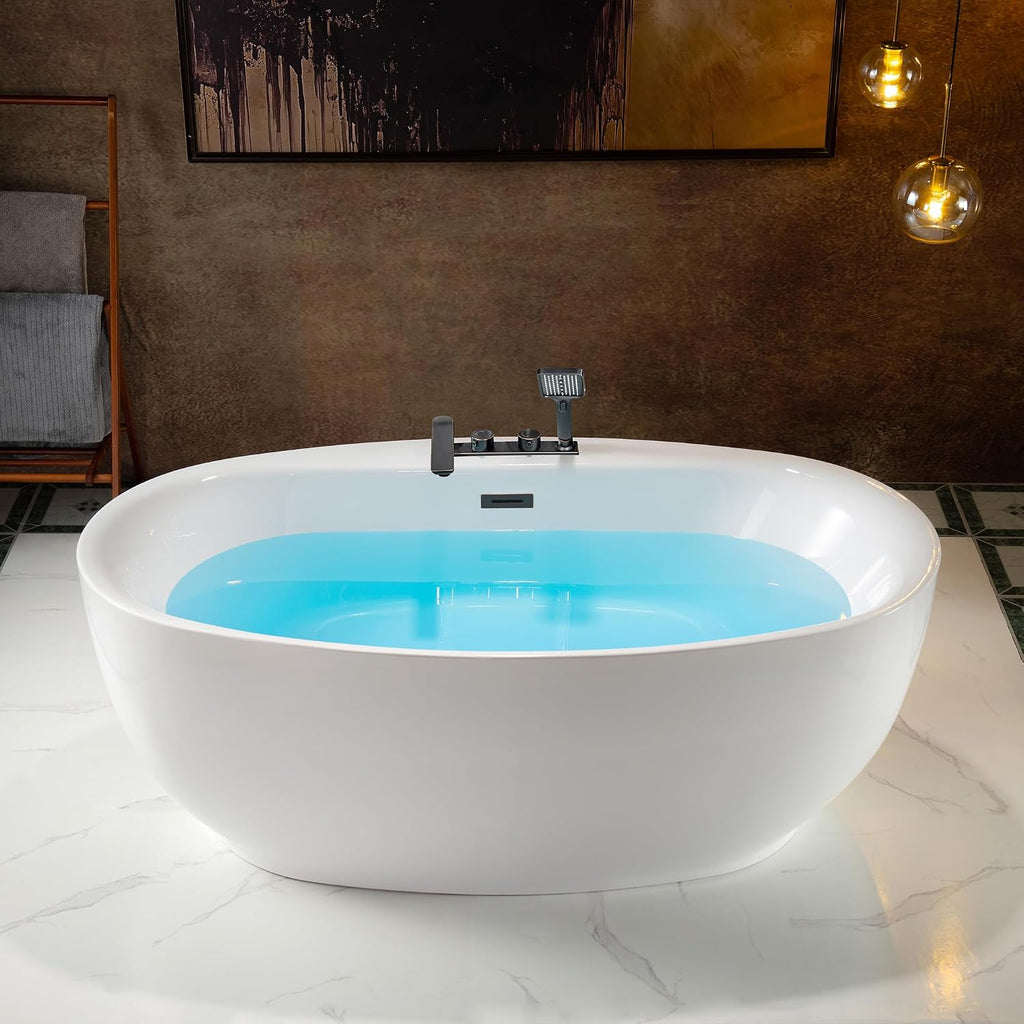 WOODBRIDGE 66' Acrylic Freestanding Bathtub Contemporary Soaking White Tub with F0044 Deck-Mount Faucet in Oil Rubbed Bronze