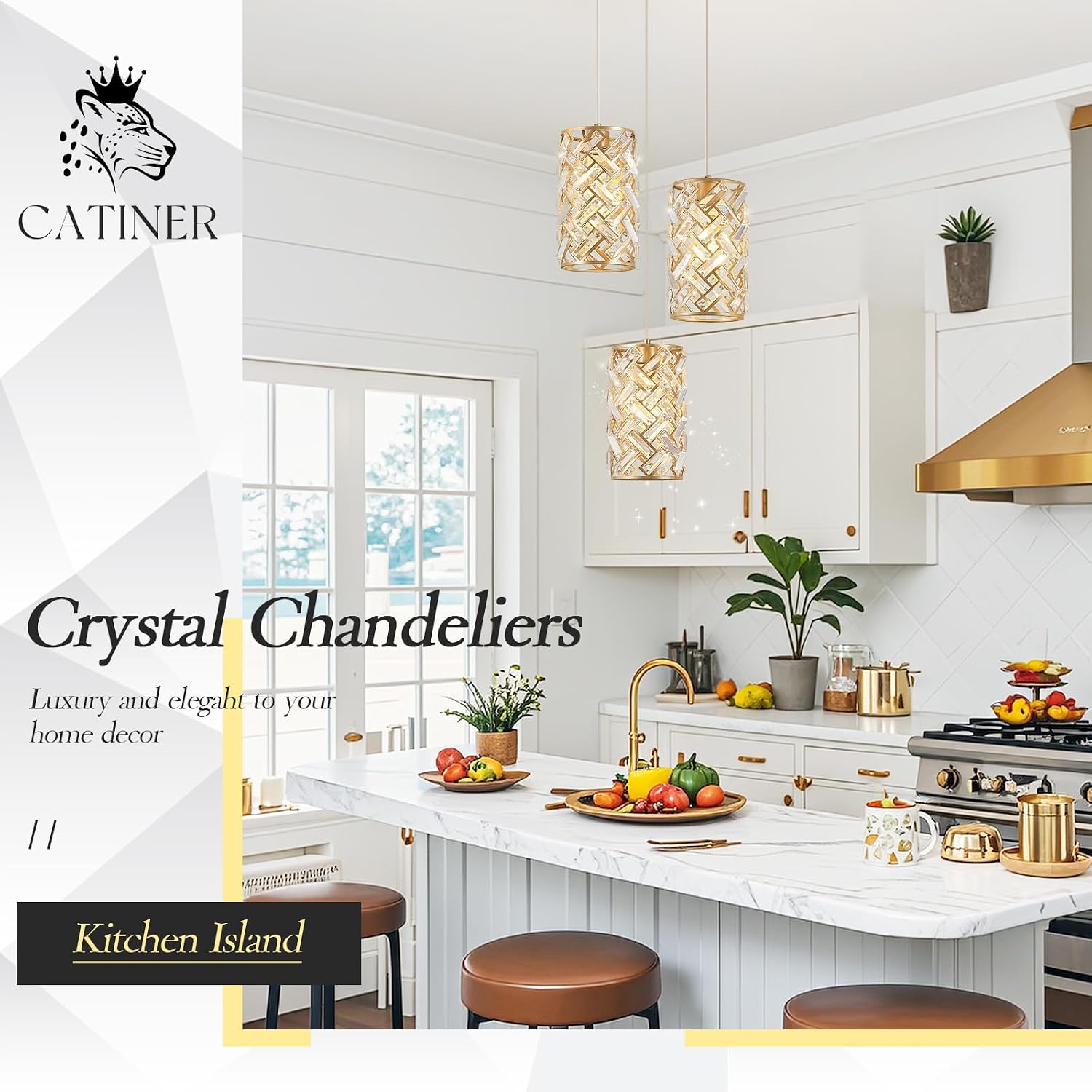 CATINER 3-Light Modern Gold Crystal Pendant Light Luxury Mini Chandelier, Adjustable Cluster Pendant Lighting for Kitchen Island Dinning Room Bedroom Hallway Porch