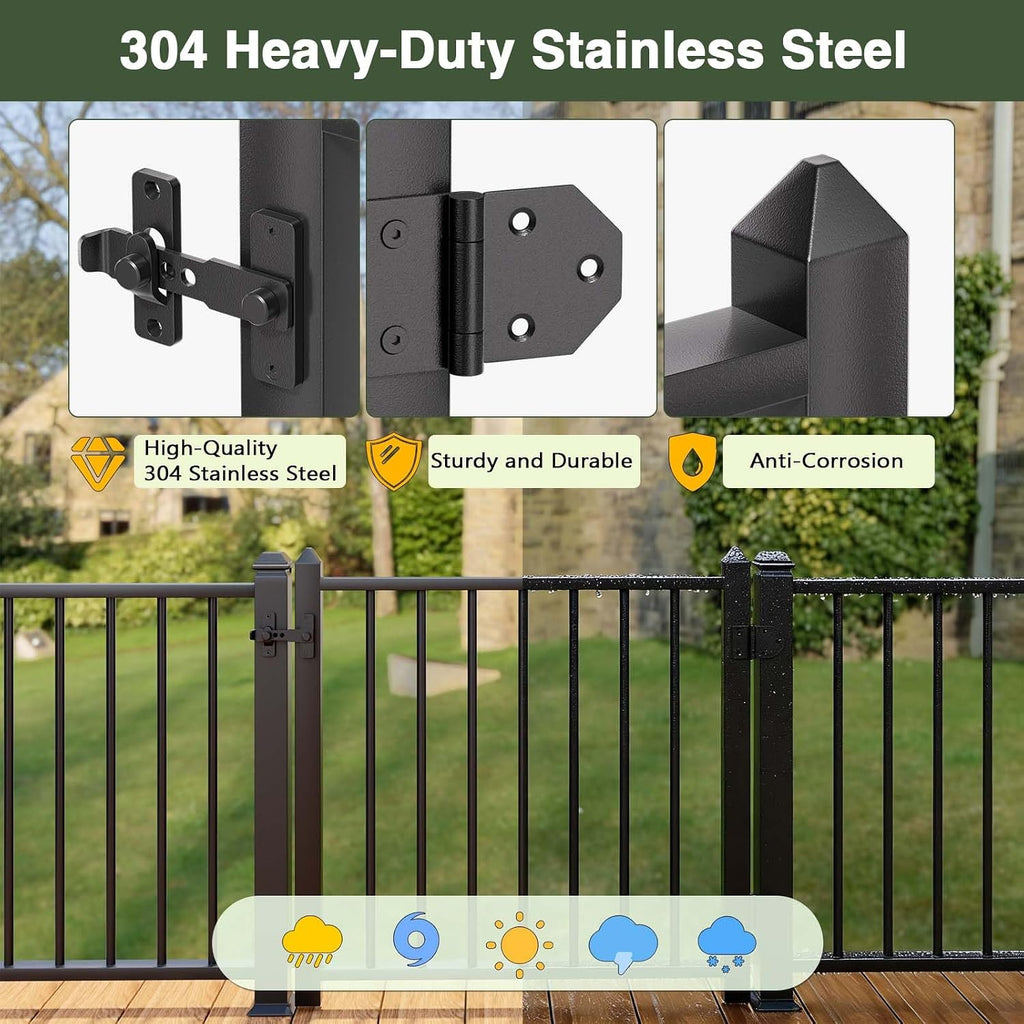 Deck Railing Gate Stainless Steel Black Textured Powder-Coat Finish Deck Gate Kit with Latch for Deck,Garden,Yard, Porch,Patio (Black, Left Hand in Swing)