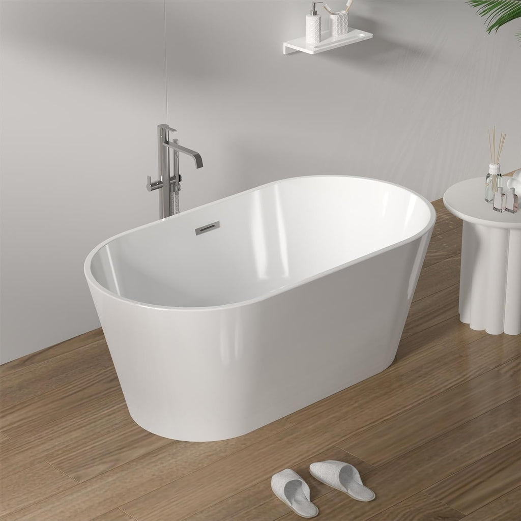 TONA 55' Acrylic Freestanding Bathtub Contemporary Soaking White Tub cUPC Certified, Toe-Tap Chrome Drain & Overflow Assembly Included