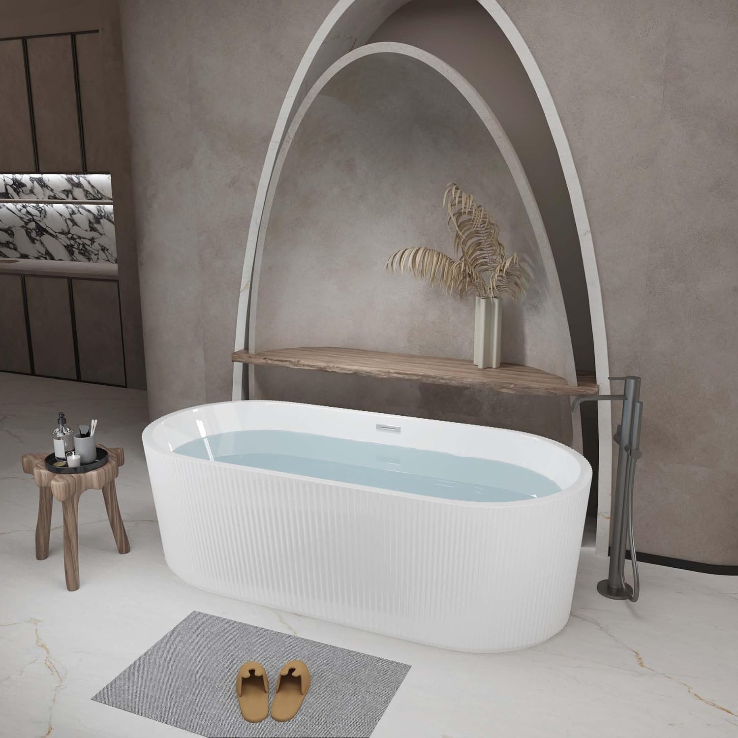 59' Acrylic Freestanding Bathtub with Double-Wall Insulation, Soaking Tub with Adjustable feet & POP-UP Chrome Drain, Soaker Tub for Bathroom, Stand Alone