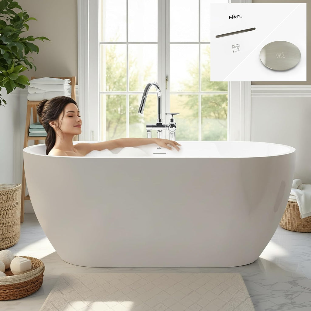 FerdY 59' Acrylic Freestanding Bathtub, Contemporary Soaking tub with Brushed Nickel Drain & Overflow, cUPC Certified, Elegant Oval Shape, Bali