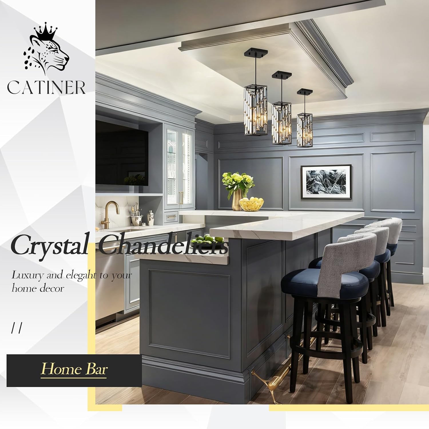 CATINER Black Crystal Pendant Lights 3 Pack, Mini Hanging Pendant Lighting Fixture with Adjustable Cord, Modern Kitchen Island Pendant Lights for Dining Room, Bedroom, Hallway, E26 Base