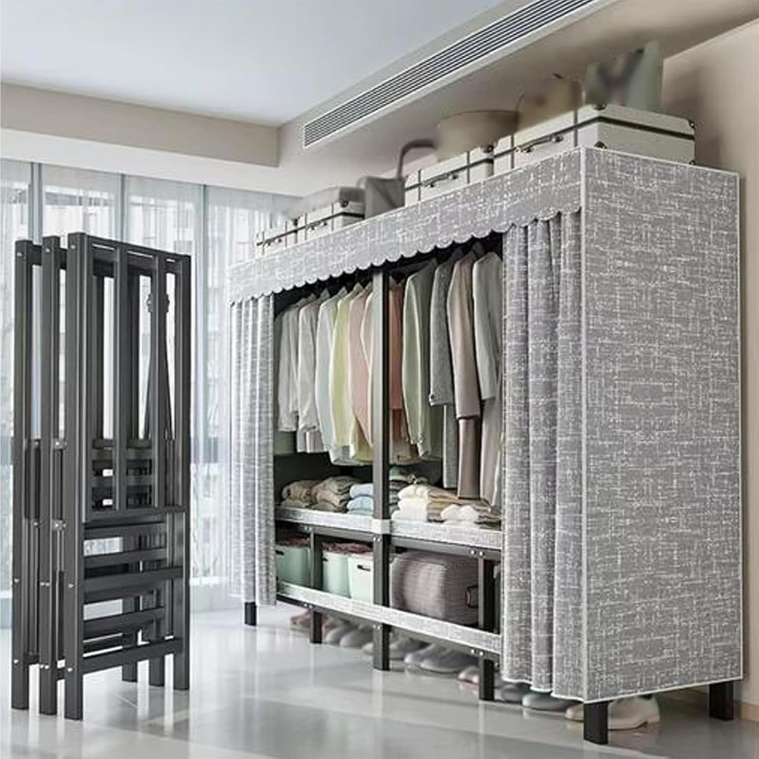 Wardrobe Clothes Organizer, Heavy Duty Garment Rack With Fabric Cover And 2 Hanging Rods, Portable Foldable Wardrobe Closet, 50cm Large Capacity Extra Wide Clothes Closets, Load 2000 Lbs(150x50x170cm)