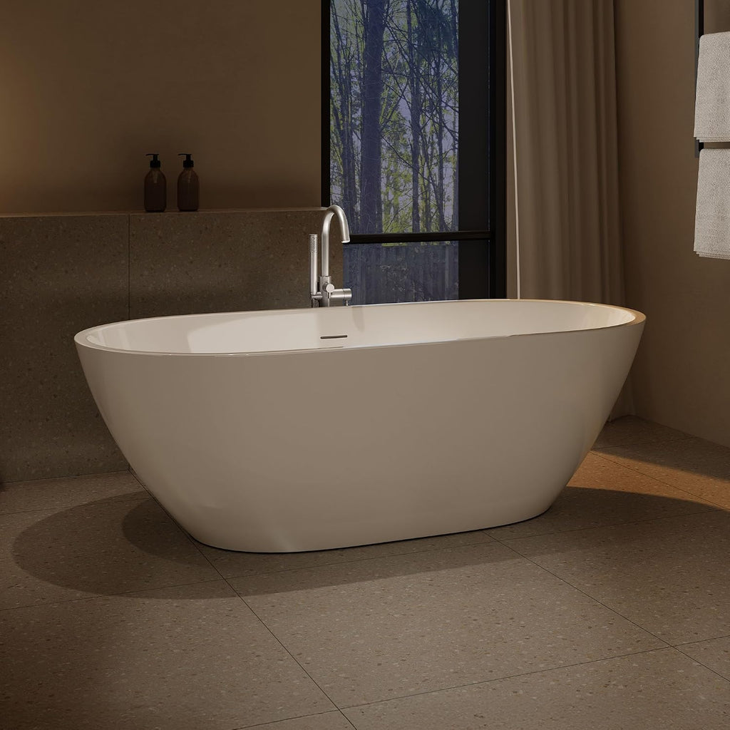 OVE Decors Ayago 66 in. Solid Surface Freestanding White Acrylic Soaking Bathtub, with Overflow and Chrome Pop-up Drain