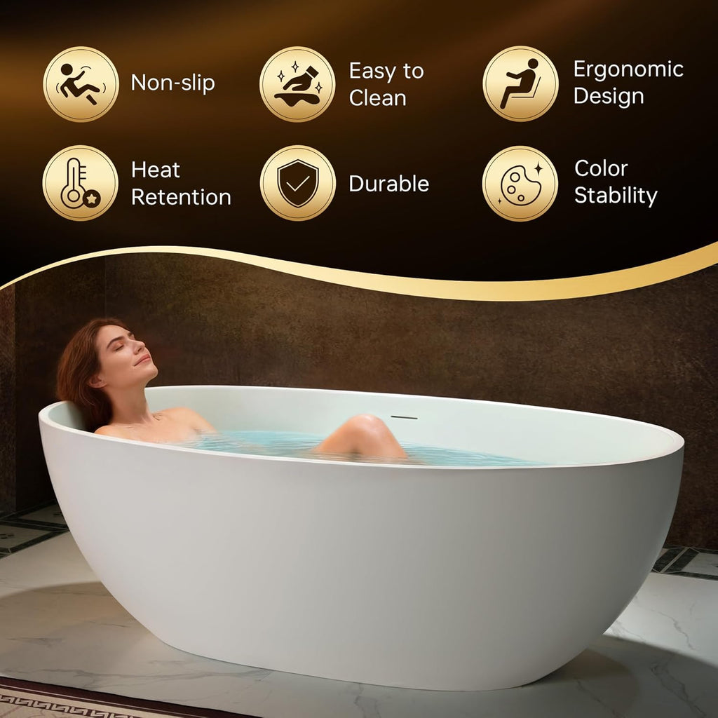 WOODBRIDGE 67' Stone Resin Freestanding Soaking Tub, Modern Oval Solid Surface Bathtub with Integrated Slotted Overflow & Drain, Matte White