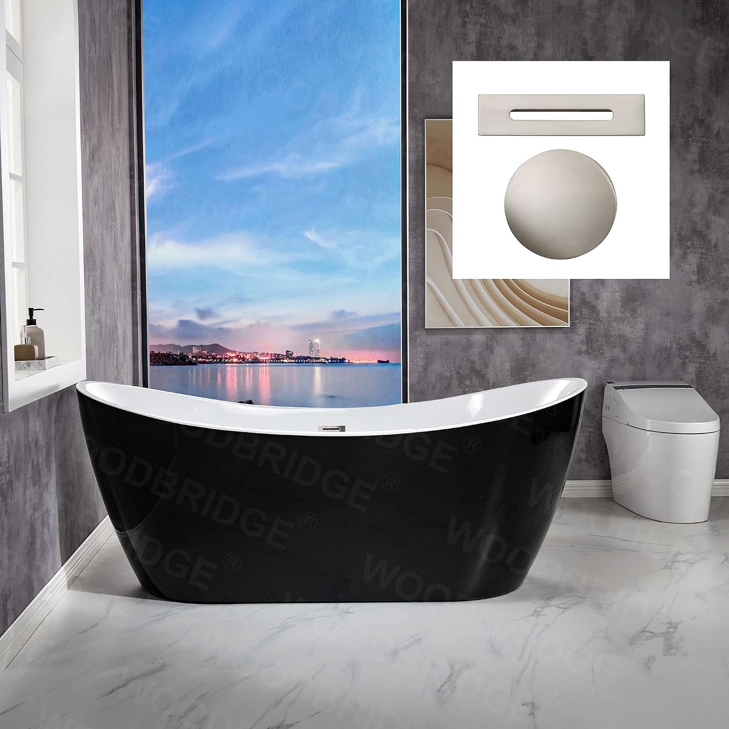 WOODBRIDGE 71' Acrylic Freestanding Bathtub Contemporary Soaking Black Tub with Brushed Nickel Overflow and Drain,Black,B1817-BN