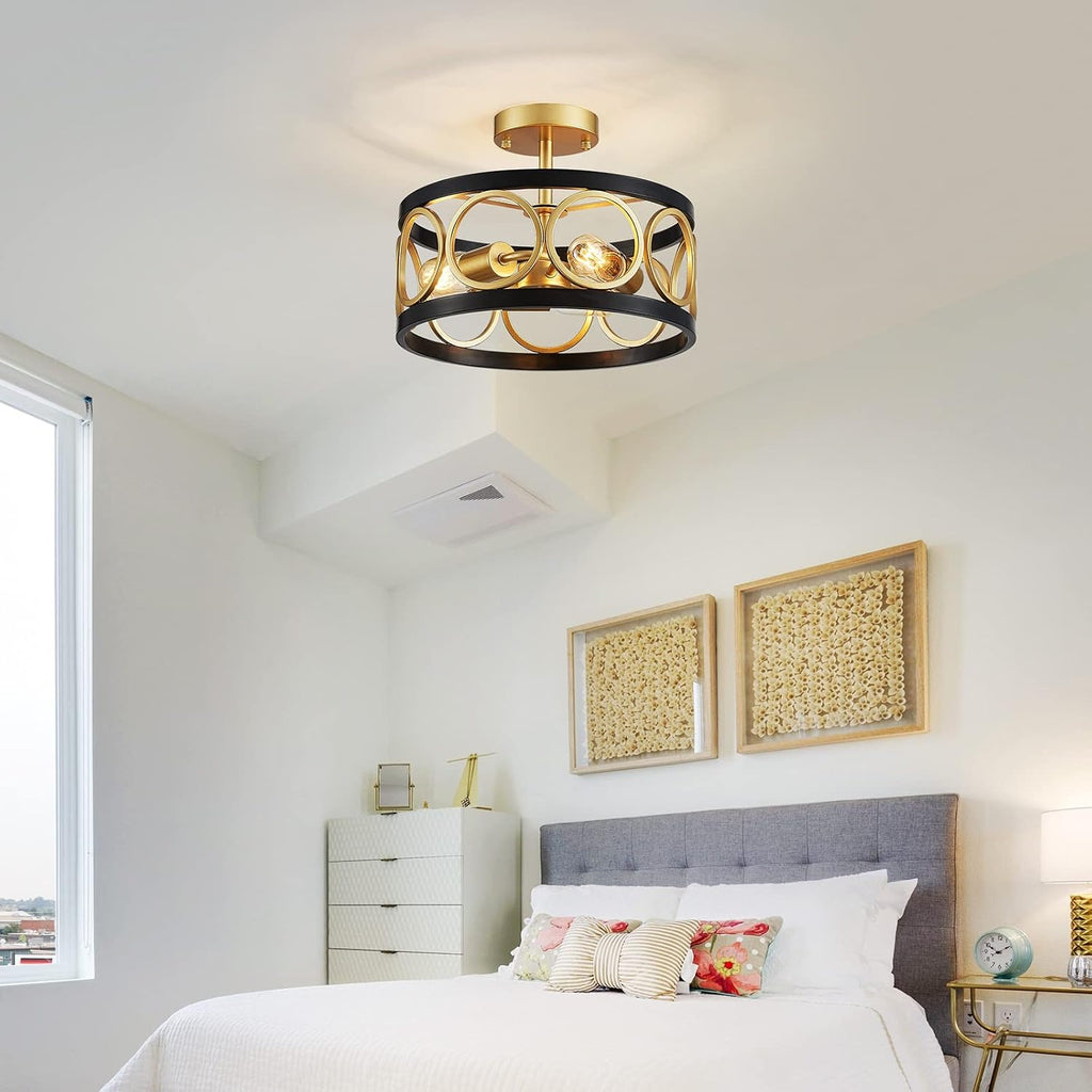 XINGQI 13' Modern Semi Flush Mount Ceiling Light Fixture, Black and Gold Drum Chandelier with Metal Shade Farmhouse Round Ceiling Lamp for Living Dining Room Bedroom