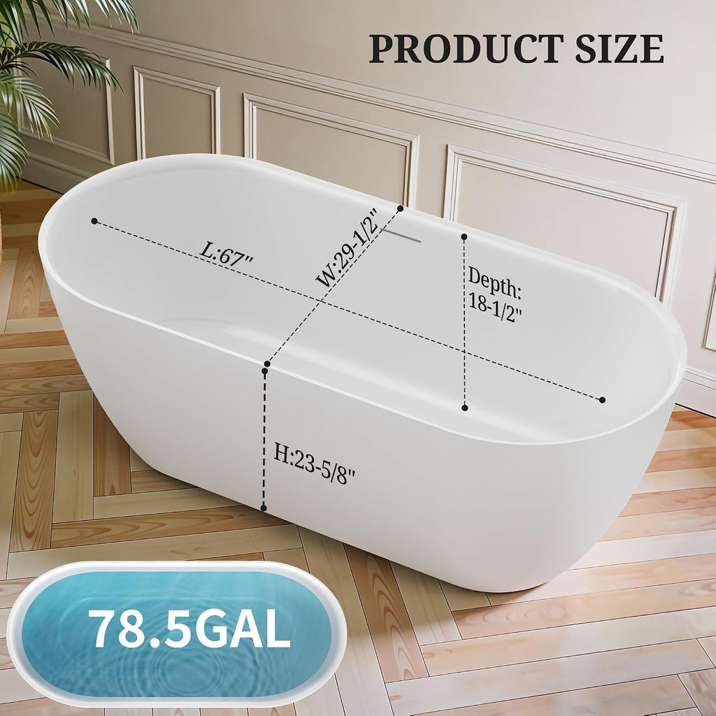 67' Freestanding Bathtub, Acrylic Stand Alone Bathtub, Oval Soaking Tub with Integrated Overflow & Drain, Modern Bath Tubs for Bathroom, Glossy White, cUPC Certified