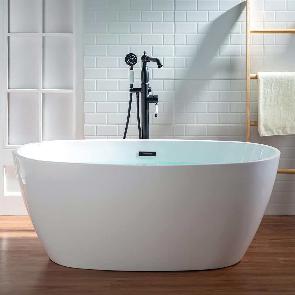 WOODBRIDGE Contemporary Single Handle Floor Mount Freestanding Tub Filler Faucet with Hand Shower in Matte Black Finish