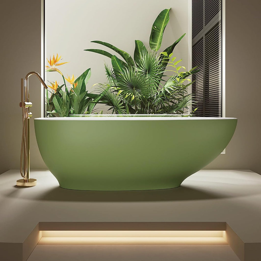 64' Edeyeu Freestanding Bathtub - Modern Artificial Stone Soaking Bathtub, Extra-Deep Freestanding Bathtub, Colored Free Standing Tub, Durable Pmma Artificial Stand Alone Tub Green