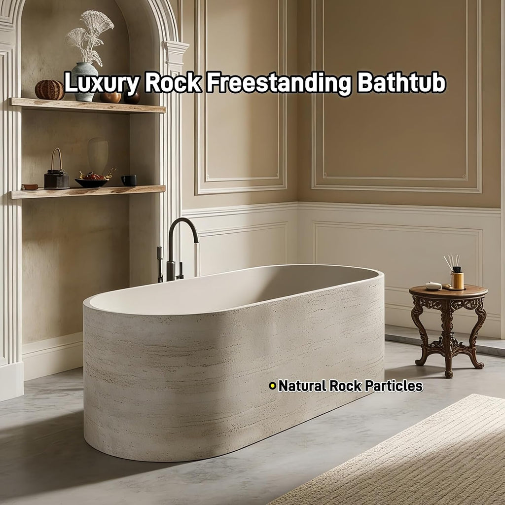 65' Edeyeu Freestanding Bathtub - Solid Surface Soaking Tub, Luxury Deep Soaker Tub, Modern Free Standing Bathtub for Ultimate Relaxation in Spas, Villas & Homes, Beige