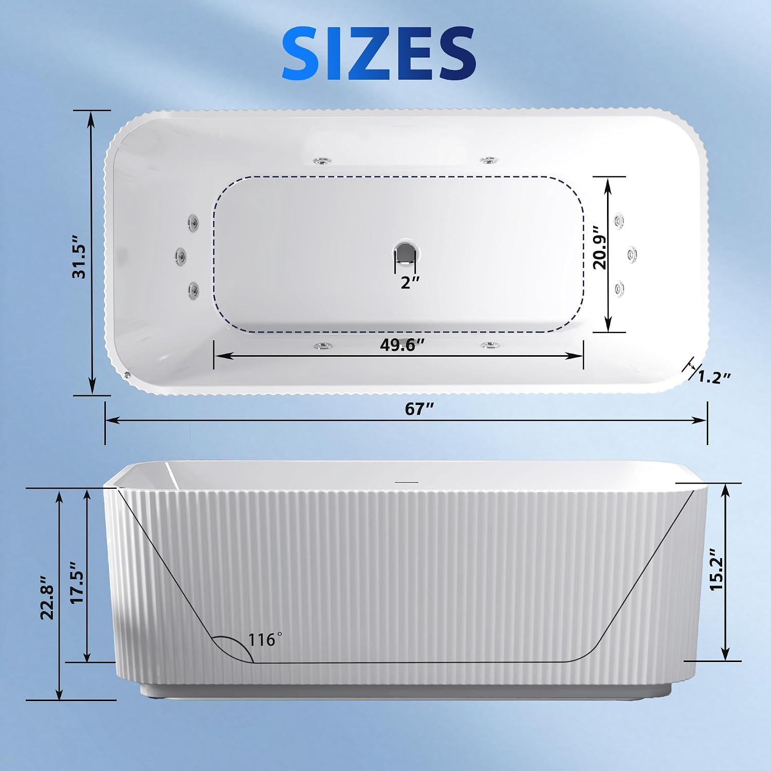 67-Inch Luxury Freestanding Rectangular Massage Bathtub with 10 Hydrotherapy Jets, Glossy White Acrylic, Chrome Pop-up Drain, cUPC Certified.