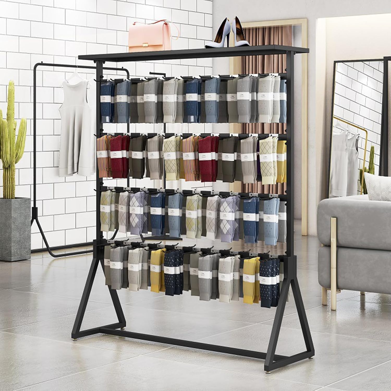 Display Stand Freestanding Underwear Rack with Top Shelf, 3-Tier Underclothing Rack for Boutiques, Retail Store Panty Shorts Bra Swimsuit Socks Display Stand,Black-100x150cm