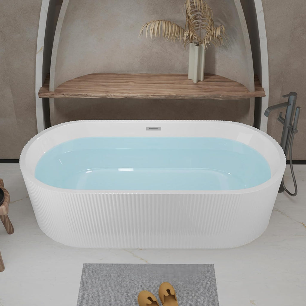 KEIKI 59' Freestanding Acrylic Soaking Bathtub, Modern Minimalist Bathroom Oval Deep Soak Tub, cUPC Certified,Toe-tap Chrome Drain,Glossy White