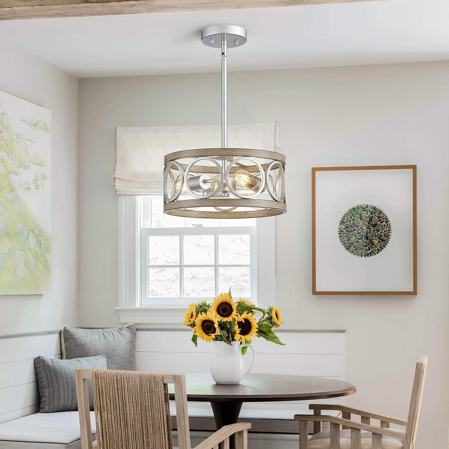XINGQI 13' Rustic Drum Pendant Lighting Fixture Modern Chandelier 3-Light Height Adjustable Ceiling Lamp for Dining Room Kitchen Island Living Room Bedroom Foyer Hallway, Brushed Nickel