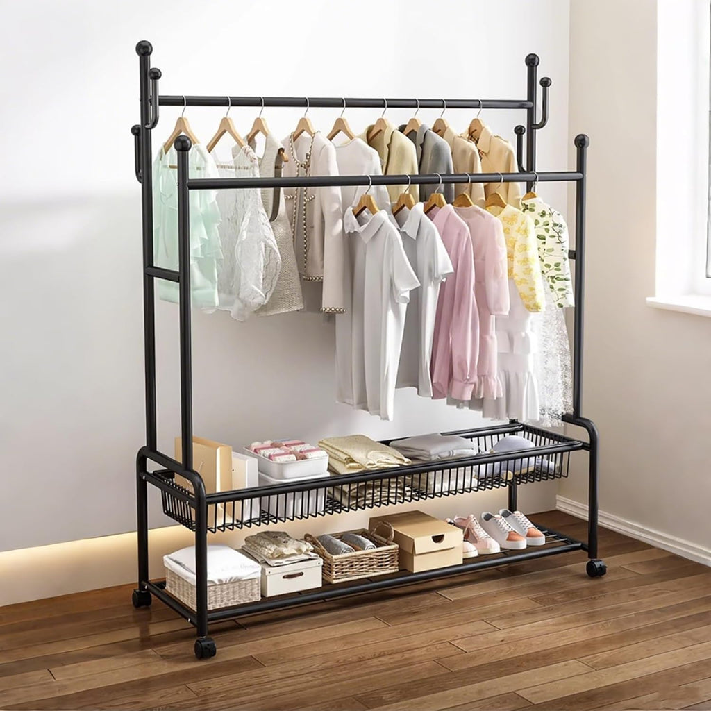 Portable Clothes Rack For Hanging Clothes,Metal Garment Rack With Storage Shelves And Coat/Hat Hooks,Freestanding Clothing Organizer,For Bedroom Living Room,Black/Gold(Black,120cm(47.2in))