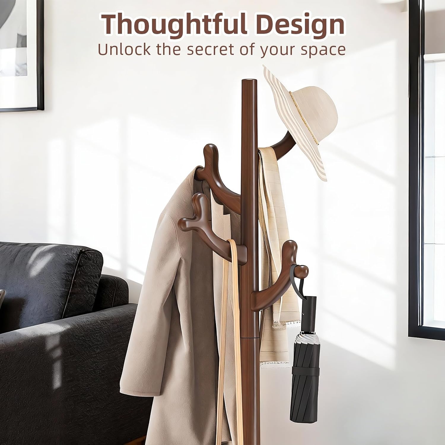 CozyDH Walnut Premium Solid Wood Freestanding Coat Rack, 4 Hooks Creative Tree Branch Look, Sturdy Standing Coat Tree for Entryway Bedroom Hallway Home Decor
