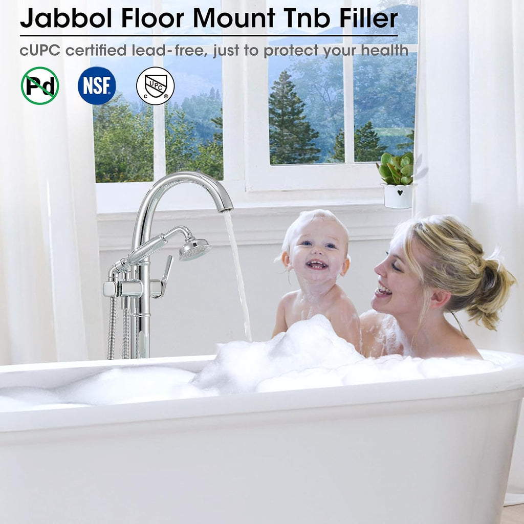 Free Standing Tub Faucet, Jabbol Luxury Freestanding Bathtub Faucet with Sprayer, Brass Bathroom Floor Mount Tub Filler, Polished Chrome (JB-8811CP)