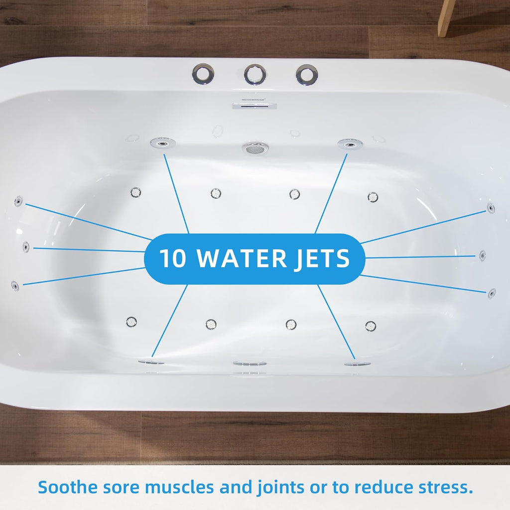 WOODBRIDGE 66-1/2' x 31-7/8' Whirlpool Water Jetted and Air Bubble Freestanding Heated Soaking Combination Bathtub, BJ200