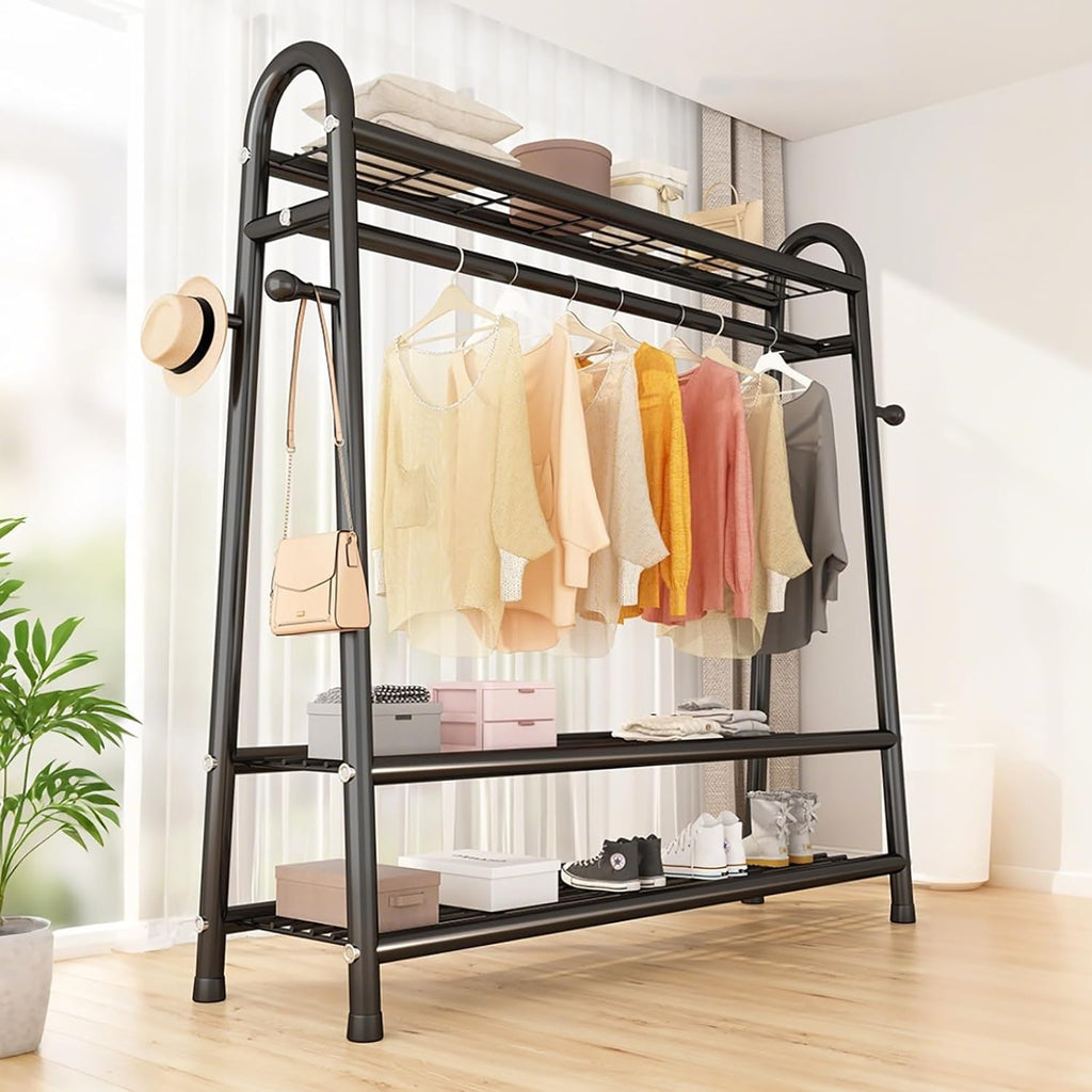 Heavy-Duty Metal Clothes Rack,Garment Rack With Storage Shelves And Coat/Hat Hooks,Freestanding Clothing Racks For Hanging Clothes,Black/White(Black,85cm(33.4in))