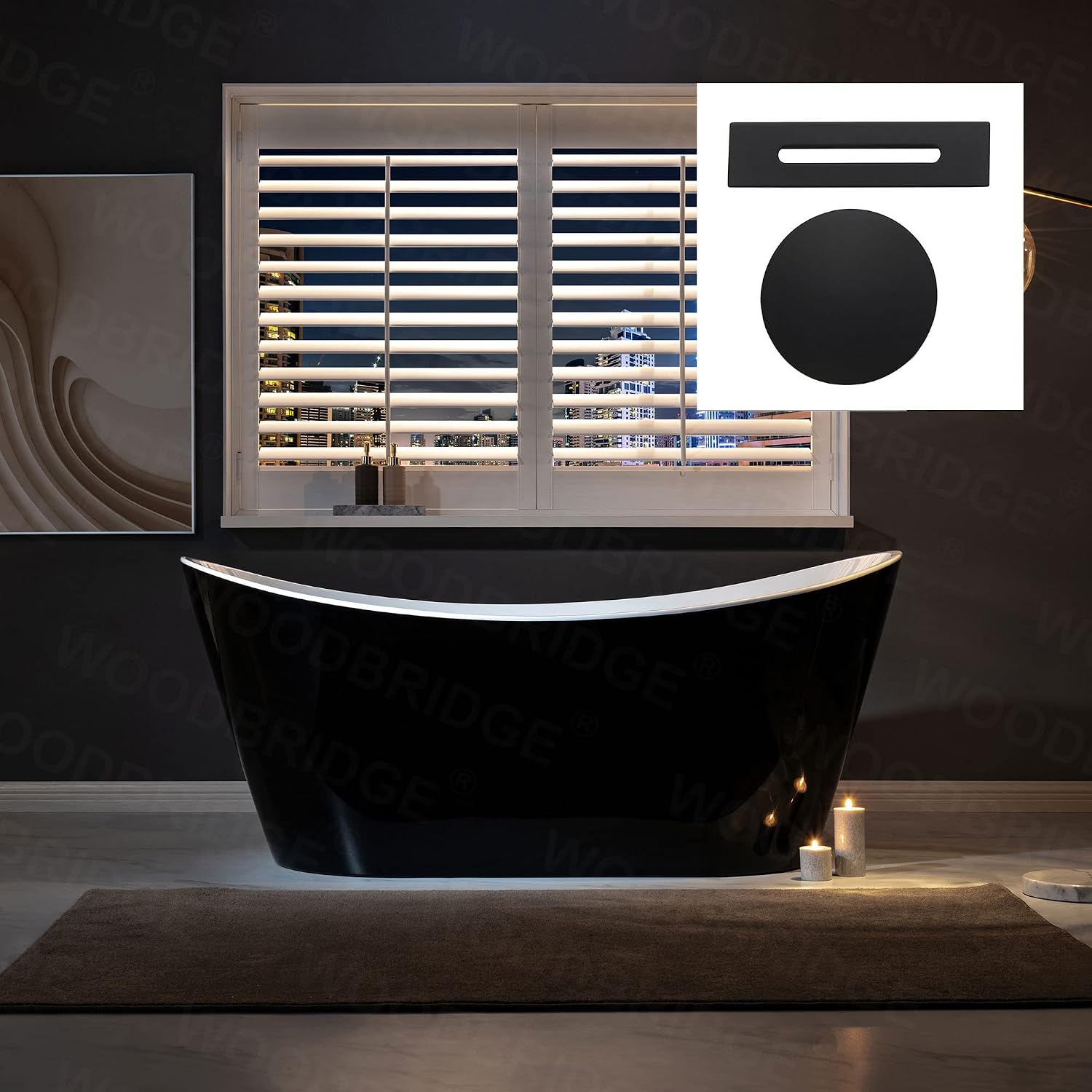 WOODBRIDGE 67' Acrylic Freestanding Bathtub Contemporary Soaking Tub with Mattle Black Overflow and Drain,Black