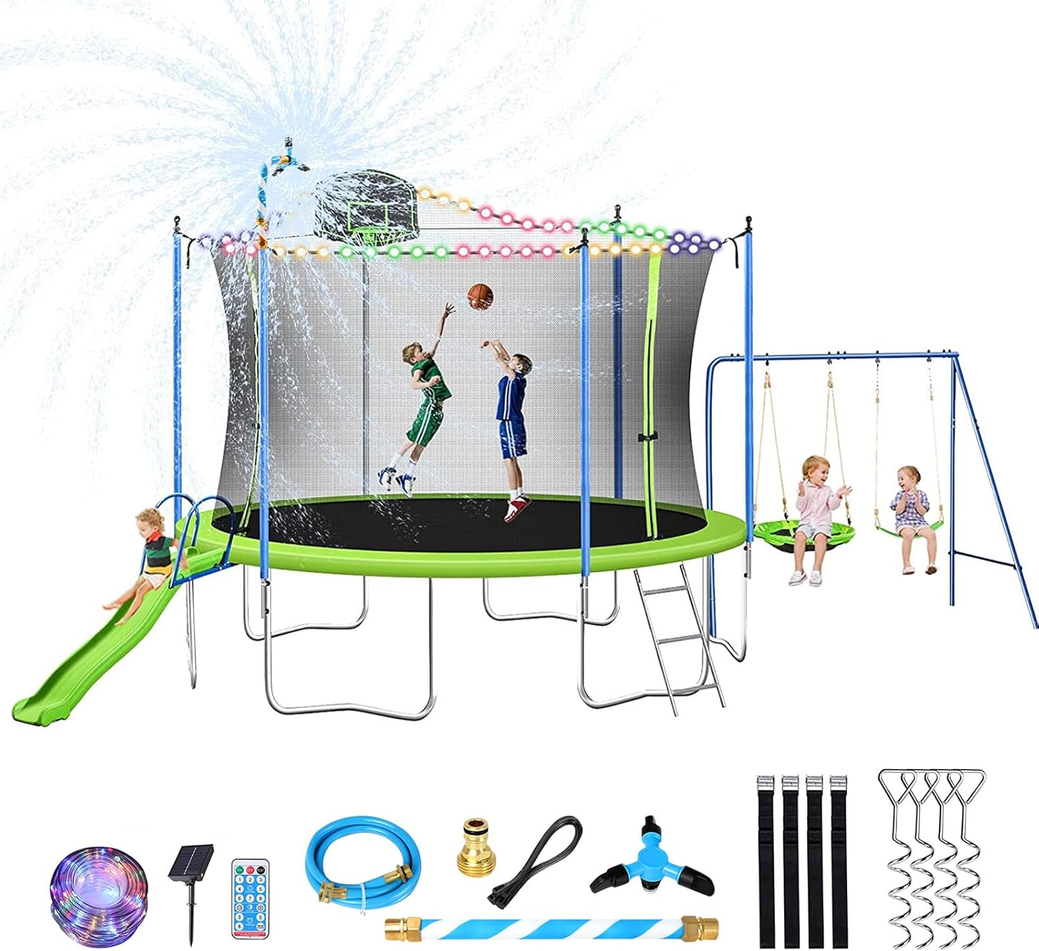 Lyromix 12FT Trampoline with Slide and Swings, ASTM Approved Large Recreational Tranpoline with Sprinkler, Basketball Hoop and Net, Capacity for 5-7 Kids Adults, Green