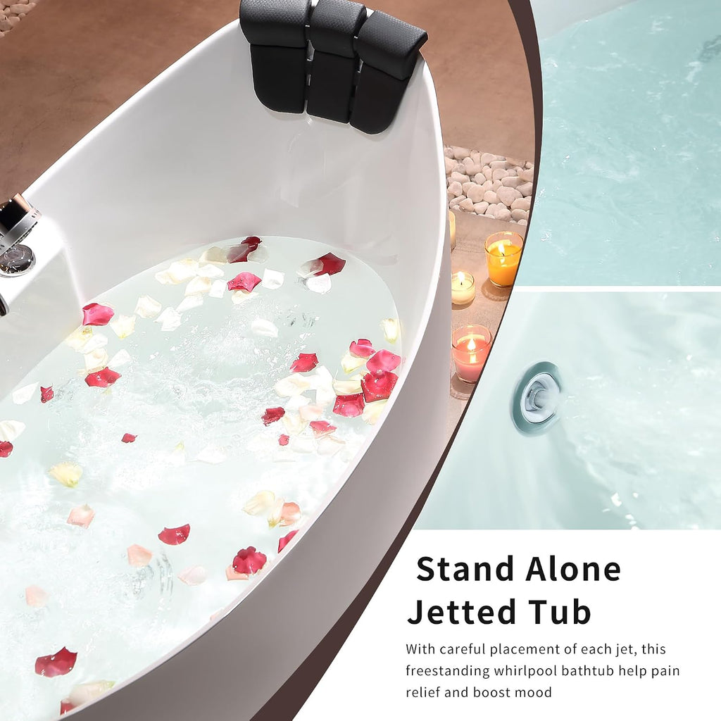 Empava 59 inch Acrylic Freestanding Tub Hydromassage Gracefully Oval Shaped Whirlpool 8 Water Jets Soaking SPA, Double-Ended Massage Bathtub with 2 Black Pillows, White