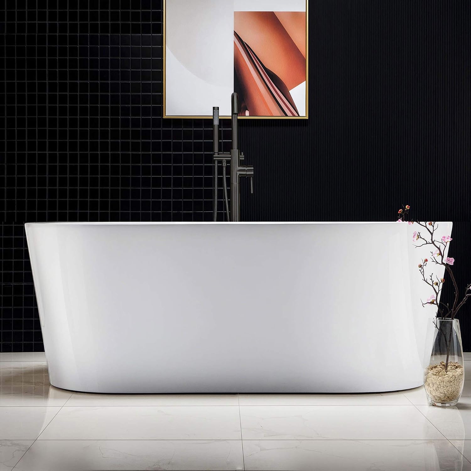 WOODBRIDGE 59' Acrylic Freestanding Bathtub Contemporary Soaking White Tub with Matte Black Overflow and Drain，B0012 -MB-Drain &O